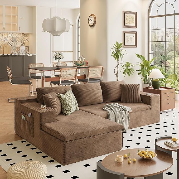 Homall 109 Boneless Couch with Memory Foam Modular Sectional Sofa with L-Shape Chaise Cloud Couch with Deep Seat Dual Cup Holders &amp Side Pockets No Assembly Required (Brown)