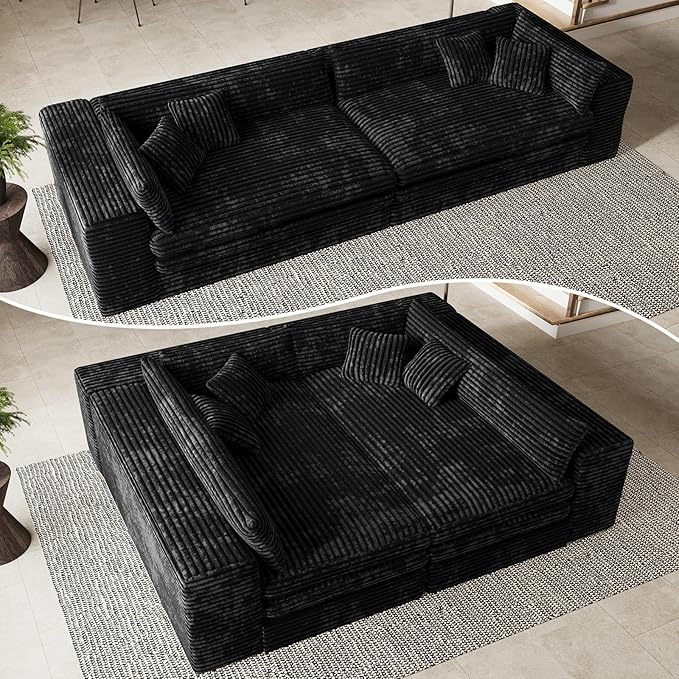 Belffin Plush Corduroy Boneless Cloud Couch with Deep Seat Convertible Sleeper Sofa Bed Cloud Boneless Sectional Couch No Assembly Required. Black Sofa