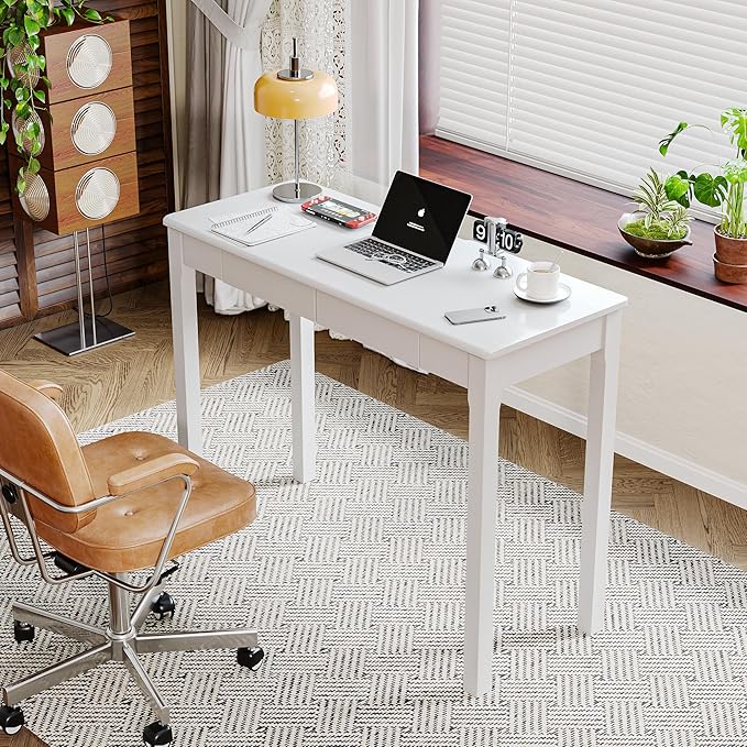 Solid Wood Desk with Drawers - 39 x 16 Inch Narrow Desks Mid Century Modern Desks Rubber Wood Study Table Small Writing Desk for Small Spaces|Bedroom - White