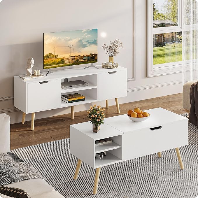 ALINE FURNITURE White TV Stand for 50 55 60+ inch TVs - Media Console with 2 Cabinets &amp Open Shelves Solid Wood Legs - TV Consoles for Living Room - 22 H Entertainment Center for Bedroom