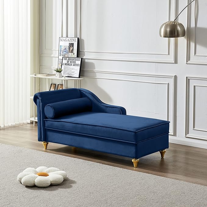 Chaise Lounge IndoorVelvet Lounge Chair with Hidden Storage &amp PillowModern Upholstered Corner Lounge Chair Sofa Bed with Solid Wood Frame for Sleeping Living Room Bedroom Office(Navy Blue)