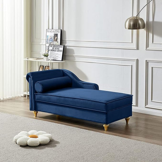 60.6Modern Storage Chaise Lounge IndoorVelvet Upholstery Sofa Chair with1 Toss PillowsUpholstery Lounge Sofa with Gold Metal Legs For Small ApartmentLiving RoomOfficeReception AreaNavy Blue