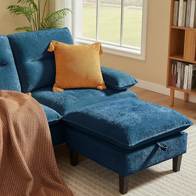 86'' Chenille Sofa with Storage Ottoman Modern Living Room Sofa with Removable Washable Cushion 3 Seater Comfy Couch for Apartment Bedroom Office (Blue)