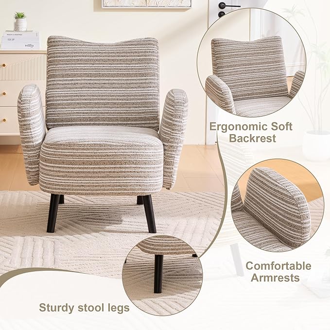 Modern Upholstered Armchair with Side Storage Pocket Fabric Reading Chair with Solid Wood Legs Ergonomic Accent Chair for Living Room Bedroom &amp Office (Khaki)