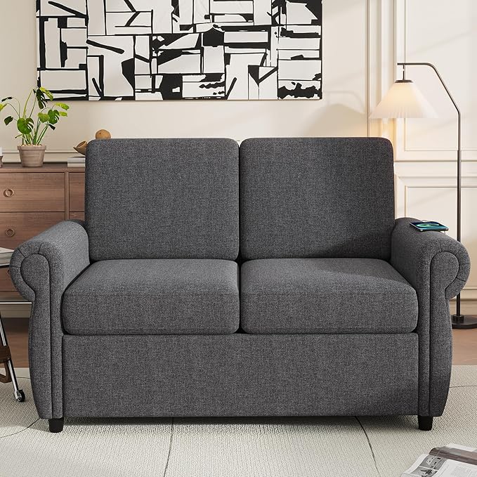 Pull Out Sofa Bed with Twin Size Memory Mattress 57.9 Linen Loveseat Sofa Sleeper Bed 2-in-1 Sleeper Sofa Bed Convertible Sleeper Sofa for Living Room Small Spaces (Gray 072)