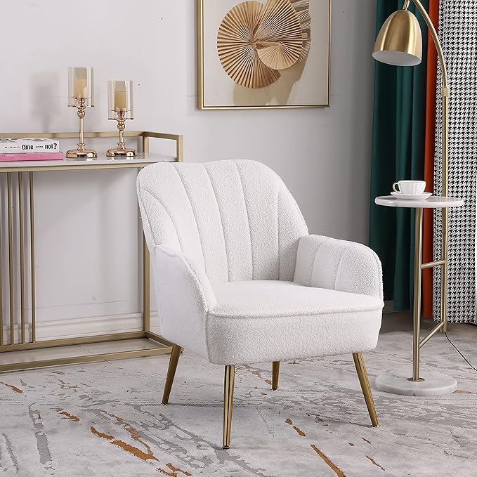 Modern Soft White Teddy Fabric Ivory Ergonomics Accent Chair Living Room Chair Bedroom Chair Home Chair with Gold Legs and Adjustable Legs for Indoor Home