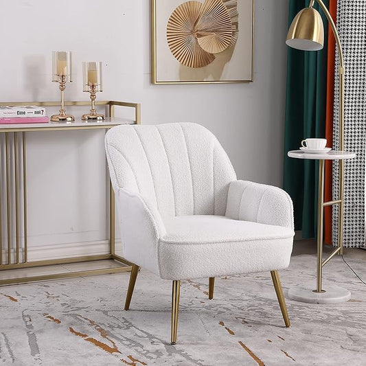 Modern Soft White Teddy Fabric Ivory Ergonomics Accent Chair Living Room Chair Bedroom Chair Home Chair with Gold Legs and Adjustable Legs for Indoor Home