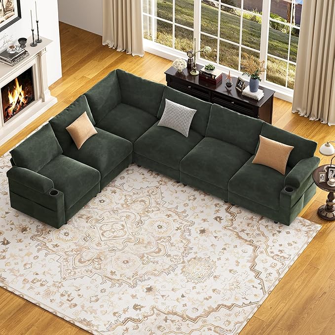 Sectional Couches for Living Room FSC Certified Velvet Modular Couch Oversized Cloud U Shaped Convertible Sleeper Sofa Chaise Detachable Armrest Cushion (Chenille Green L Shape Corner 6 Seat)