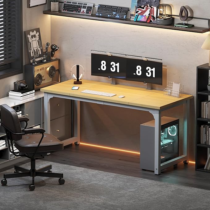 NSdirect 63 Computer DeskLarge Home Office Desk Wide Workstation 1 inch Thicker Tabletop for WritingGames and Home Work PC Desk Modern Finish Wood Board and Sturdy Steel LegsOak+White
