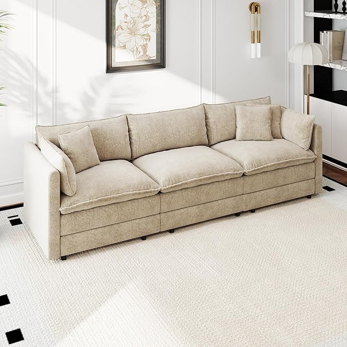Aoowow Modular Sectional Sofa112.2 Inch Modern Deep 3-Seater Sofas Comfy Chenille Cloud Sofas and Couches with Pillows for Living Room Apartment（Camel）