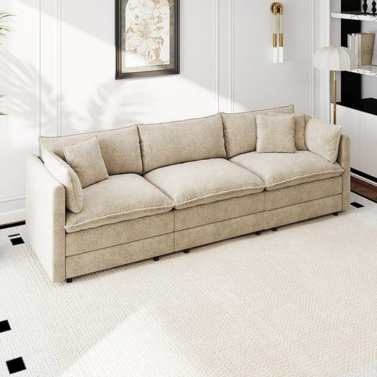 Aoowow Modular Sectional Sofa112.2 Inch Modern Deep 3-Seater Sofas Comfy Chenille Cloud Sofas and Couches with Pillows for Living Room Apartment（Camel）