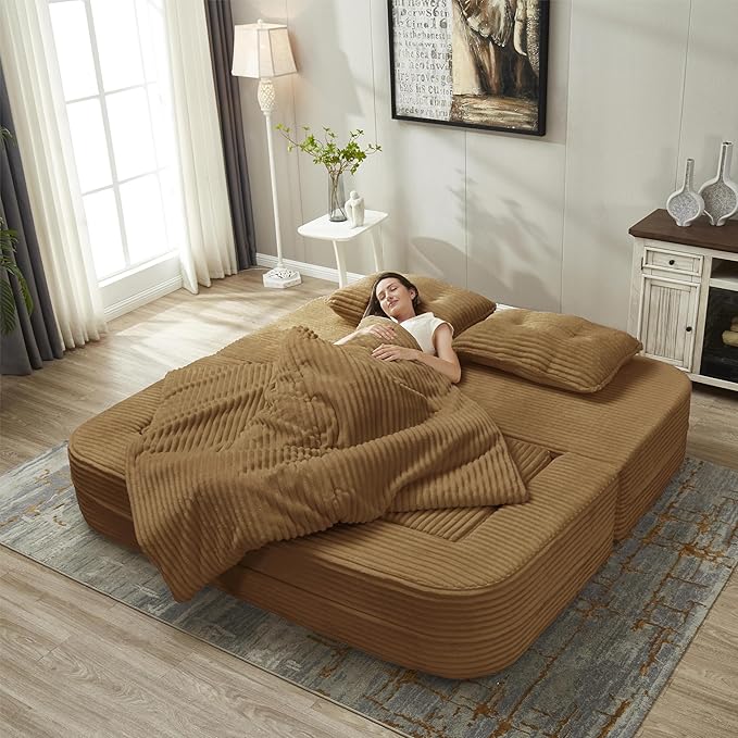 2 Pieces Sofa and loveseat Set Convertible Queen Sleeper Couch Bed for Living Room Foam Folding Futon Love seat Sofa Button Tufted Upholstered Furniture No Assembly Couches for Bedroom Camel