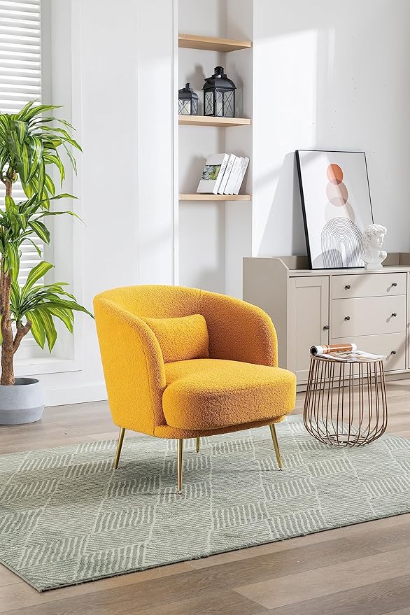 Generic 30.32 W Accent Chair Upholstered Curved Backrest Reading Chair Single Sofa Leisure Club Chair with Golden Adjustable Legs for Living Room Bedroom Dorm RoomMustard Boucle