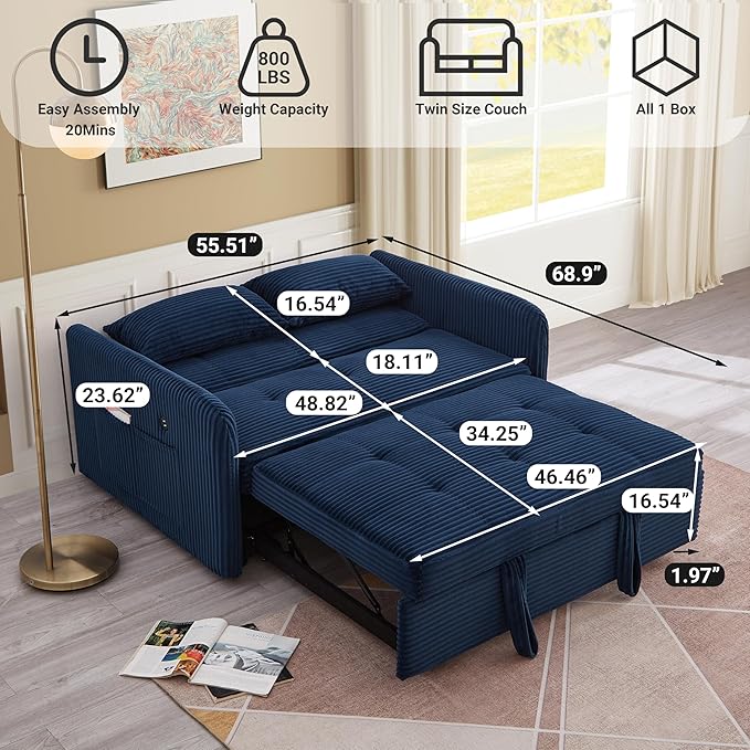 55.5 Corduroy Convertible Sofa Bed Pull Out Sleeper Sofa Bed Loveseat Couch with USB Charging Ports 3 in 1 Convertible Sleeper Sofa Bed for Living Room Apartment Bedroom RV Blue
