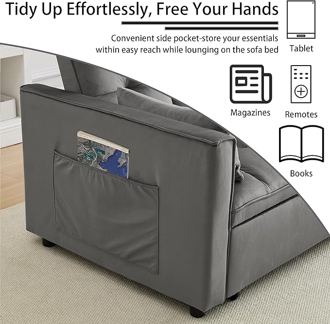 70 3 in 1 Pull Out Couch Loveseat Sleeper Sofa with Side Pockets Convertible Velvet Fabric Sofa Bed for Living Room Bedroom Apartment Easy Assembly Grey