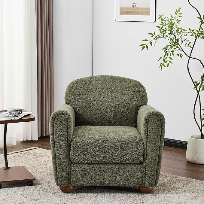 Christopher Knight Home Peysz Modern Accent Chair Boucle Upholstered Armchair with Rounded Wooden Legs Comfortable Single Sofa Soft Cushion Seating Lounge Chair Indoor Olive Green