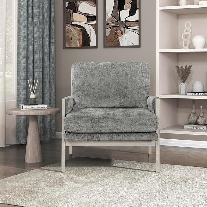 Lexicon Living Room Accent Chair with Wire-Brushed Light Brownish-Gray Wood Frame Chenille Upholstered Arm Chair with Wrapped Arm Rest Thick Seat Cushion Brownish Gray