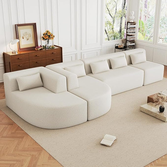 144 Modular Sectional Couch 5-Seat Cloud Sofa Compression Sofa with Two Chaise Lounge and 5 Back Pillows Boucle Fabric No Assembly Required Ideal for Living Room or Apartment Beige