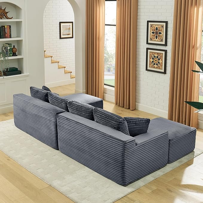 U-Shaped Cloud Sectional Couch Symmetrical Modular Compressed Boneless Sectional Sofa with Chaise Lounges Plush Corduroy Boneless Corner Sofa for Living Room