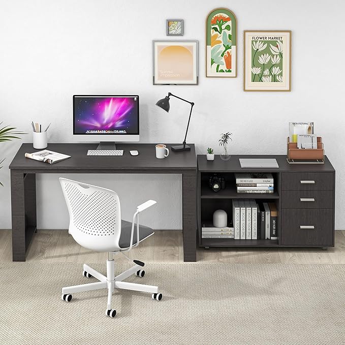 MU 55inch White L Shaped Desk Corner Computer Desk with 3 Drawers and 2 Shelves Writing Office Table with Storage File Cabinet Large Executive Desk with Wheels for Home Office Bedroom (Grey)