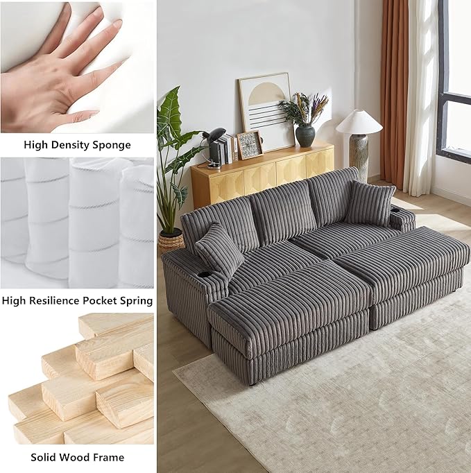Aoowow 84 Corduroy Oversized 3-Seater Sofa with 2 Ottomans Modular Sectional Deep Seat Sofa with Back and Toss Pillows Modern Comfy Sofa with 2 Storage Spaces and Cup Grooves for Living Room Grey