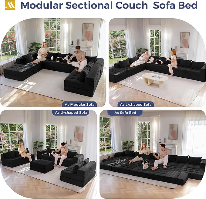 MAXYOYO Modular Sectional Sofa Couch Foldable Oversized U Shaped Cloud Couch with Pillows Tufted Boneless Sleeper Lounger Floor Sofa Bed for Living Room No Assembly Required Black
