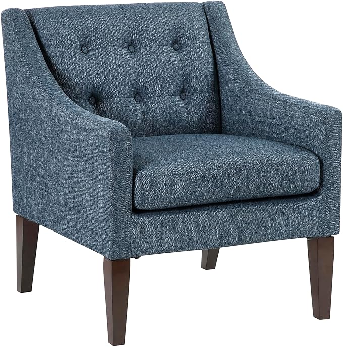 Lexicon Living Room Accent Chair Textured Fabric Upholstered Arm Chair with Button Tufted Back Sloped Arms and Wooden Legs Blue