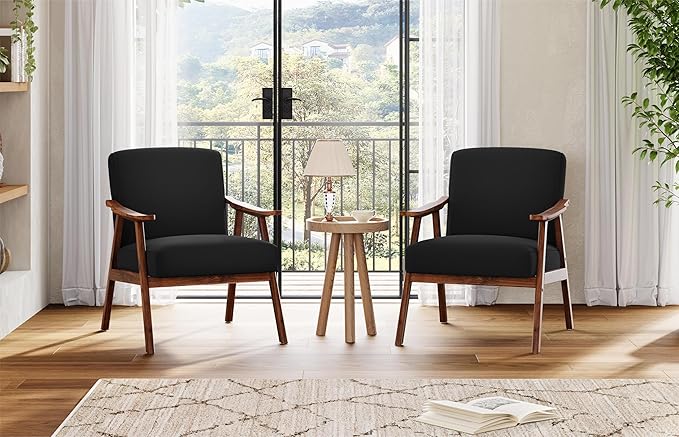 Mid Century Accent Chair Boho Farmhouse Accent Chairs for Living Room Retro Single Lounge Reading Armchair with Solid Wood Frame (Velvet Fabric in Black)