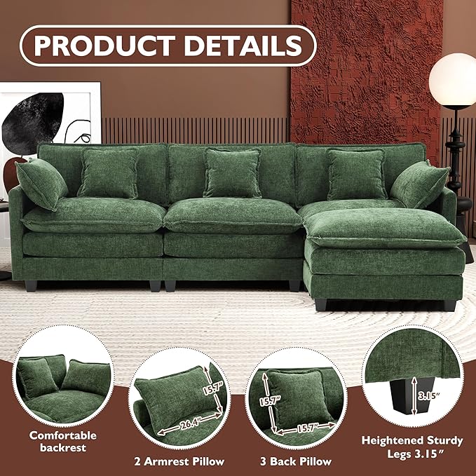Ihanherry 111.4 L Shaped Modern Sofa Modular Sectional Cloud Couch with Ottoman 4-Seat Chenille Deep Seat Sofa with Pillow for Living Room Bedroom and Apartment Green