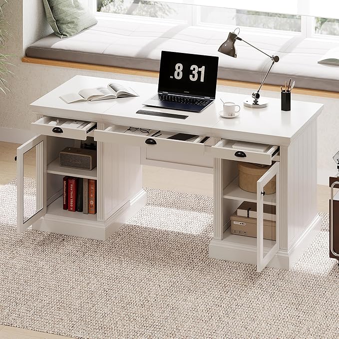 67 Modern White Executive Desk Computer Desk with 2 Glass-Door Cabinets &amp 3 Drawers White Home Office Desk Writing Table with USB Ports Study Workstation for Living Room (White+Glasses)