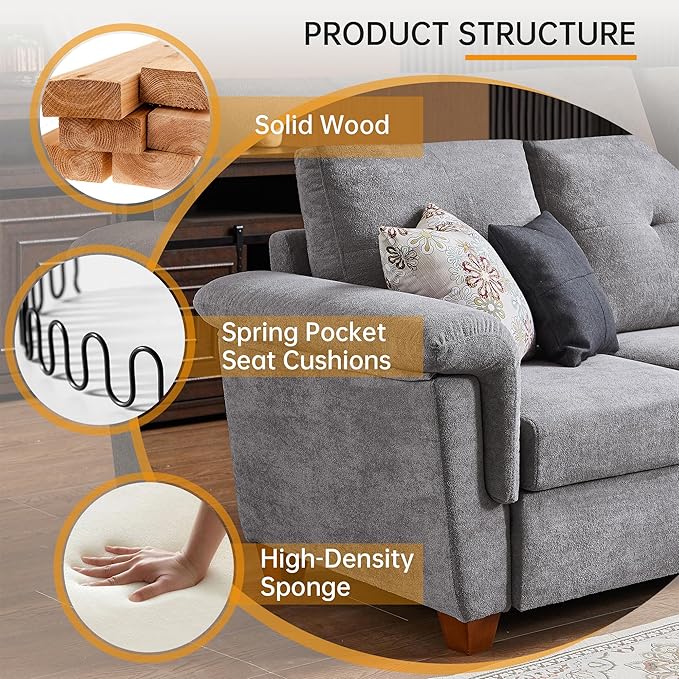 Convertible Sectional Sofa with Storage 4 Seat L Shaped Couch with Chaise and Cup Holder Modern Microfiber Fabric Sofas Couches for Living Room Light Grey