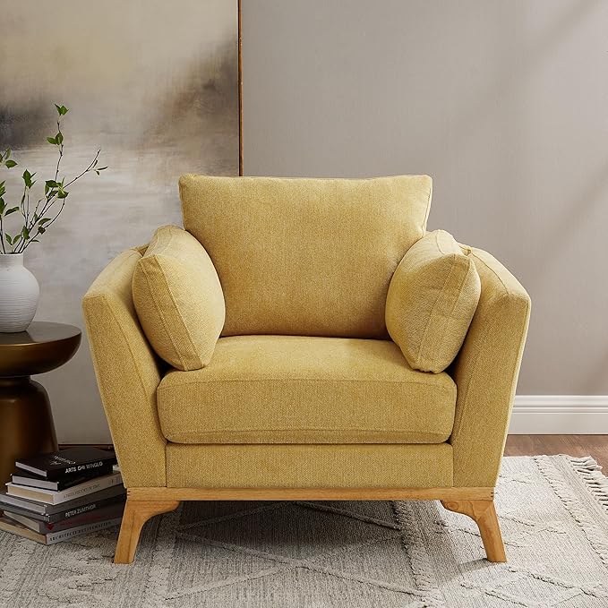 VANOMi Large-Sized Accent Chair Thick Cushion Bedroom Reading Chair Comfortable Living Room Single Sofa Linen Yellow