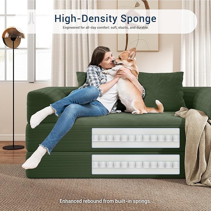 Cloud Boneless Convertible Floor Sofa Bed 70 4-in-1 Foldable Compressed Loveseat Lounge Sleeper 2 Seater Couches High-Density Sponge &amp Corduroy Fabric Futon Daybed for Living Room Bedroom(Green