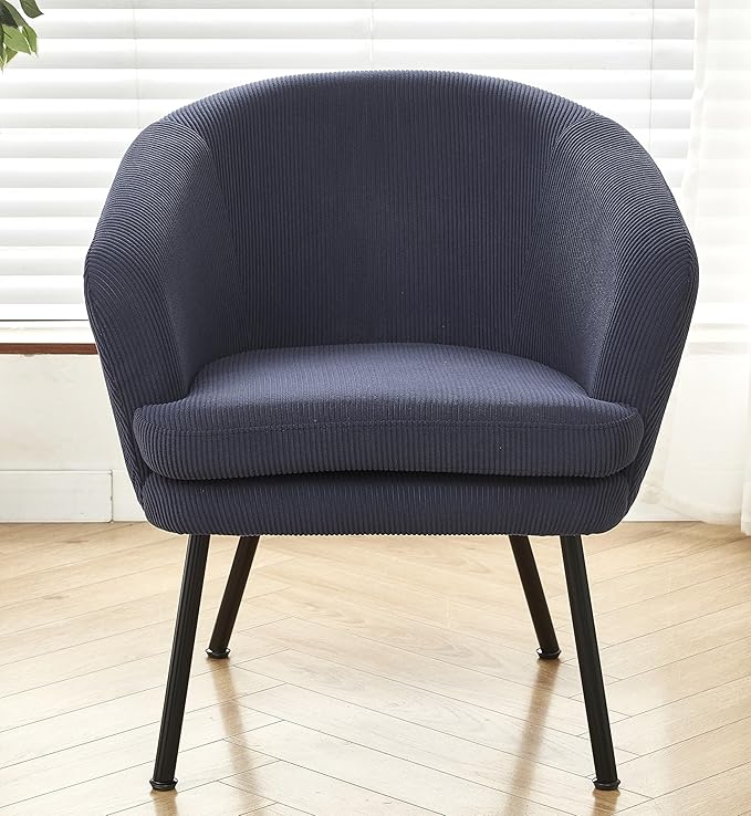 Modern Corduroy Accent Chair with Channel Back Design Black Metal Legs and Soft Upholstery Comfortable Seating for Living Room Bedroom or Office Blue