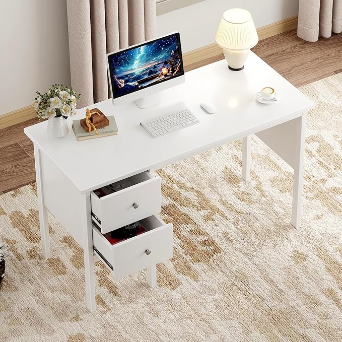 BHG Computer Desk with DrawersModern White Home Office Desk with Storage Filing Cabinet Vanity Desk Makeup Dressing Table for BedroomSmall Writing Table PC Desks for Study(White 43.3)