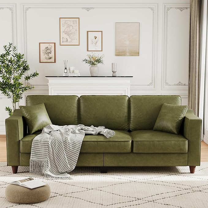 Faux Leather Couch with 2 Throw Pillows Sofa Couches for Living Room 3 Seater Sofa with Wide Armrests Wood Legs Deep Seats Back Cushion Sturdy Support Feet for Office Living Room Olive Green