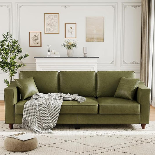 Faux Leather Couch with 2 Throw Pillows Sofa Couches for Living Room 3 Seater Sofa with Wide Armrests Wood Legs Deep Seats Back Cushion Sturdy Support Feet for Office Living Room Olive Green