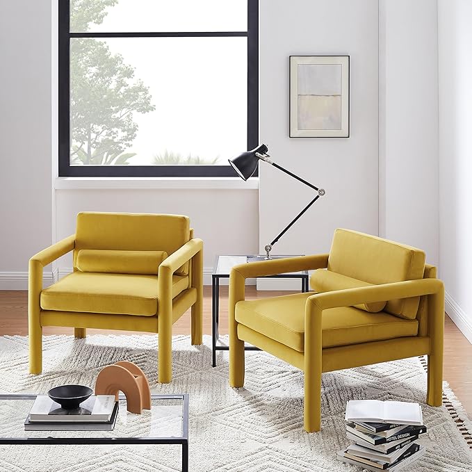 Art Leon Modern Velvet Upholstered Arm Chairs Set of 2 Living Room Accent Chairs with Pillow Yellow