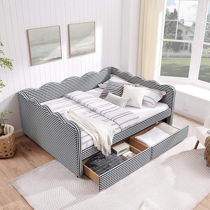 Cozy Gingham Daybed with 2 Drawers Queen Size Sofa Bed No Box Spring Needed with USB Port and Adorable Wave Shaped Linen Fabric Navy (Navy Blue+Queen+2 Drawers)