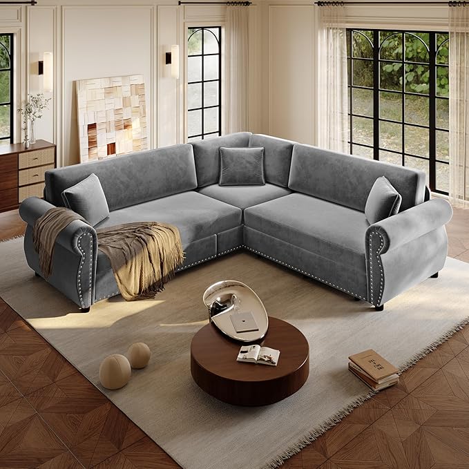 88 L Shaped Sectional Sleeper Sofa Couch with Pull Out Bed Oversized Chenille Convertible Sectional Couches with Nailhead Trim &amp Rolled Arm for Living Room Removable Sofa CoverLigt Grey