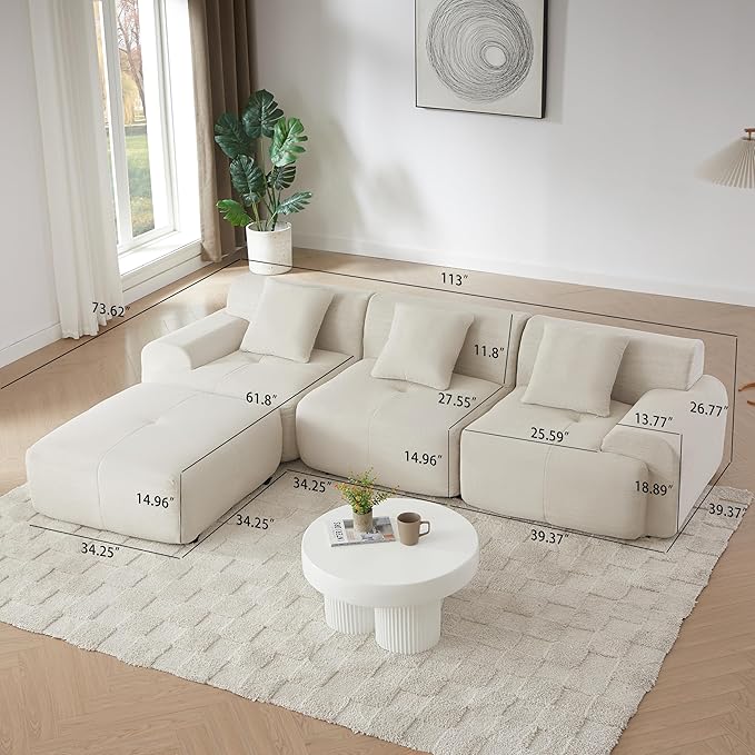 113 Cloud Compressed Modular Sectional Sofa Boneless Couch for Living Room Modern Corduroy Upholstered L-Shaped Corner Couch with Reversible Ottoman for Apartment | Deep Seat Wider Armrest Free Co