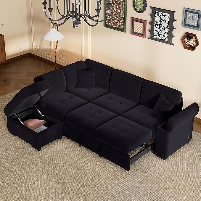 87.4 Sleeper Sectional Ottoman and Hidden Arm StoragePull-Out L-Shape Corner Couch Sofa-Bedw/USB ChargeErgonomic Designfor DormApartmentStudioOfficeBlack