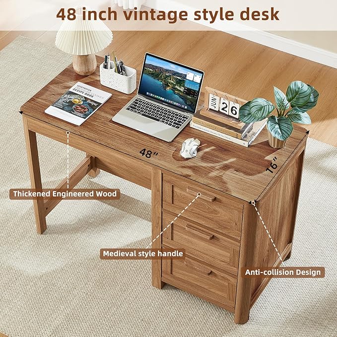 Office Desk 48 with 3 Drawers Storage File Cabinet Wood Farmhouse Desk for Computer Office Bedroom Home Furniture Brown