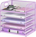 Lavatino Desk Letter Tray Paper Organizer 5-Tier with Handle Metal Mesh Desktop File Organizer Paper Holder for Classroom Office Desk Accessories- Purple