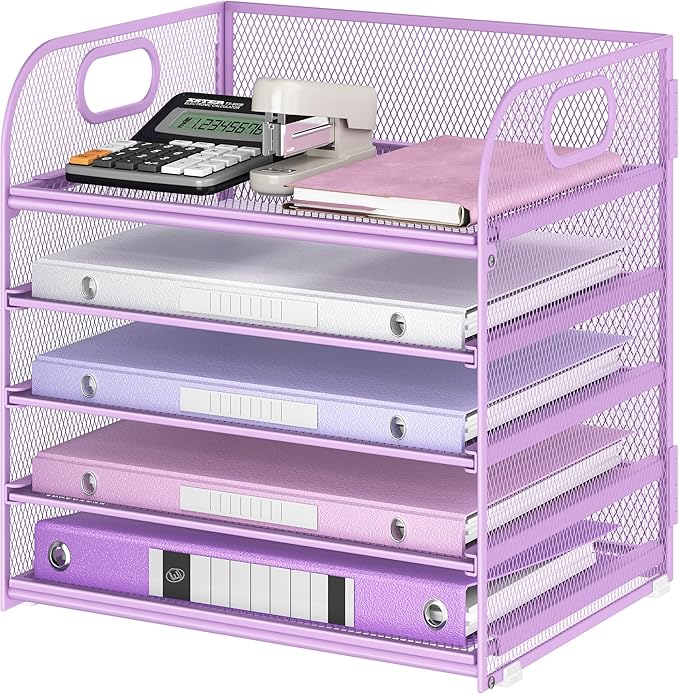 Lavatino Desk Letter Tray Paper Organizer 5-Tier with Handle Metal Mesh Desktop File Organizer Paper Holder for Classroom Office Desk Accessories- Purple