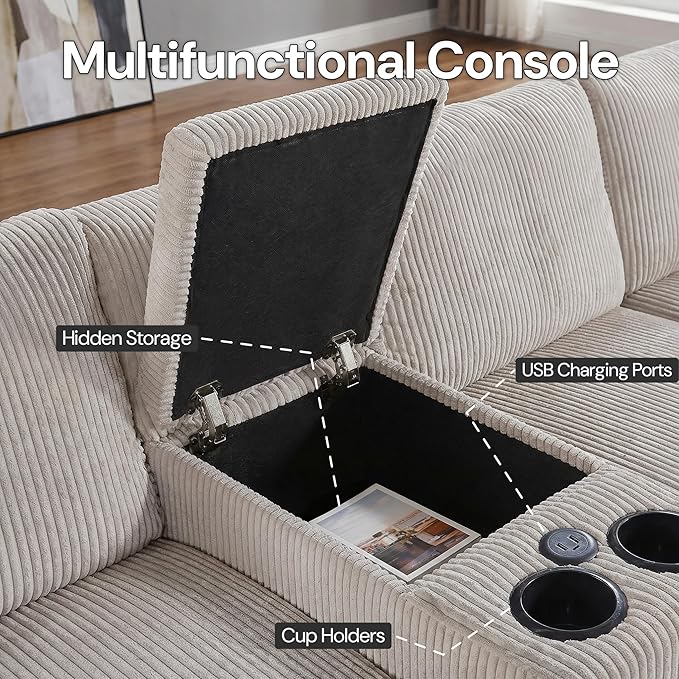 126 U Shaped Sofa Modular Sectional Sofa with Chaise Lounges Modern Couch with Storage Console USB Charging Ports &amp Cup Holders Corduoy Upholstered Deep Seat Couch for Living Room Beige | st