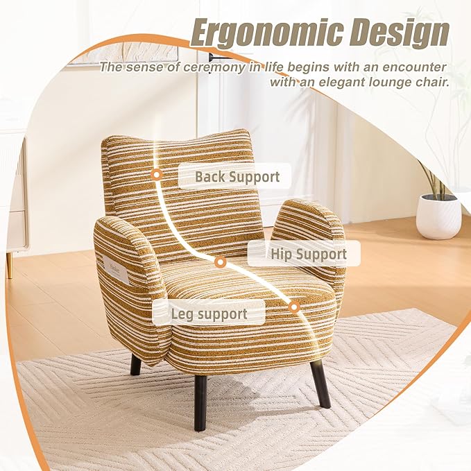 Modern Upholstered Armchair with Side Storage Pocket Fabric Reading Chair with Solid Wood Legs Ergonomic Accent Chair for Living Room Bedroom &amp Office (Yellow)