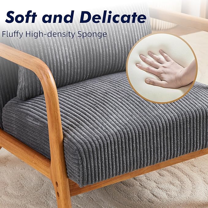 Corduroy Accent Chair Set of 2 Mid Century Modern Armchair with Soft Cushion Wingback Lounge Chair with Solid Wood Frame for Bedroom Living Room Reading Room (Dark Grey)