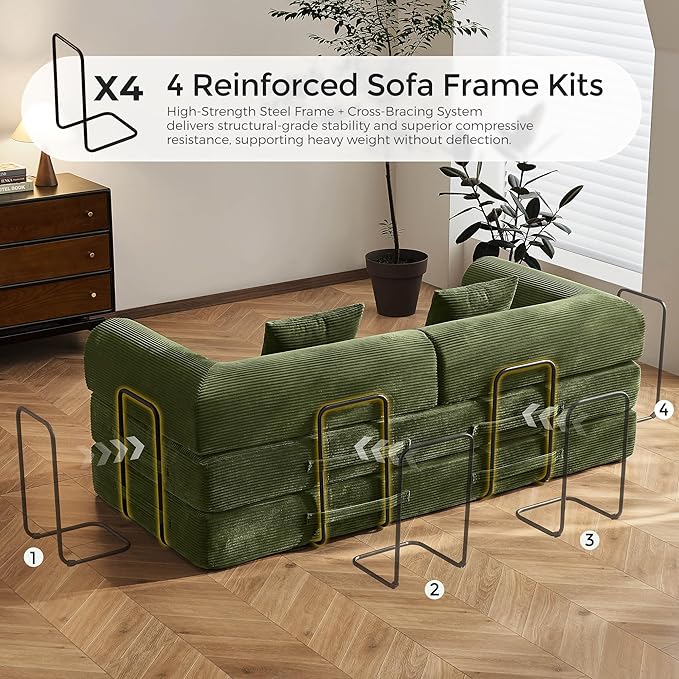 79 Convertible Sofa Bed with Fixed-Shape Frame &amp Removable Armrests Modular Corduroy Sleeper Sofa Folding Mattress Couch for Small Spaces - No Assembly Needed in Green (Includes 2 Pillows)
