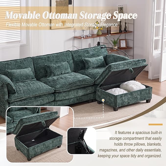 KEIKI 110 L-Shaped Boucle Modular Sectional Chenille Sofa with 1 Ottoman &amp Memory Foam Cushion &amp Phone Holder &amp USB Upholstered Oversized 4-Seater Couch Easy Assembly for Living Room